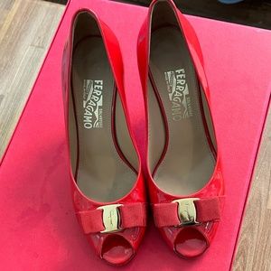 Salvatore Ferragamo Pumps Vala Open Toe Patent Leather Women's Heel Shoes